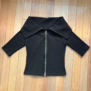 POUCH Made in Korea Black Ribbed Zip-Up Top Off Shoulder / Turtleneck S